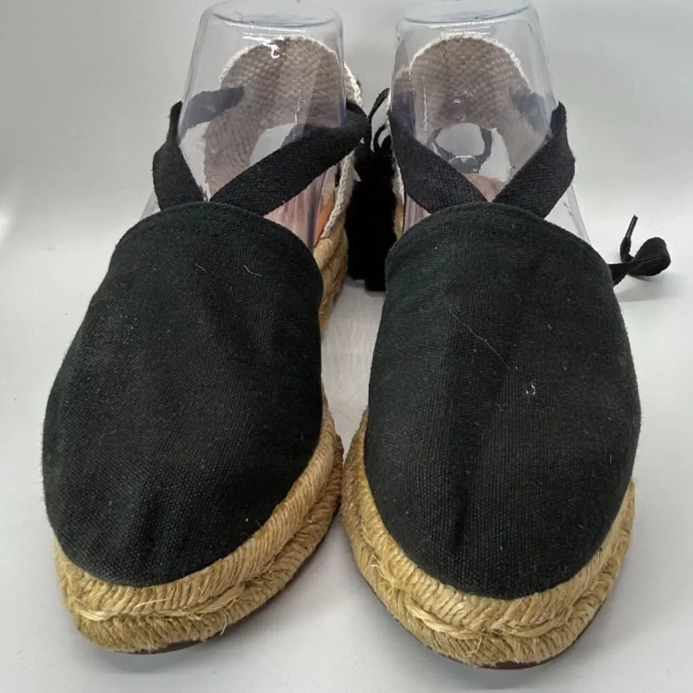 Unisa Women's Black Canvas Tan Jute Ribbon Ankle-Wrap Espadrille Sandals Size 6.
